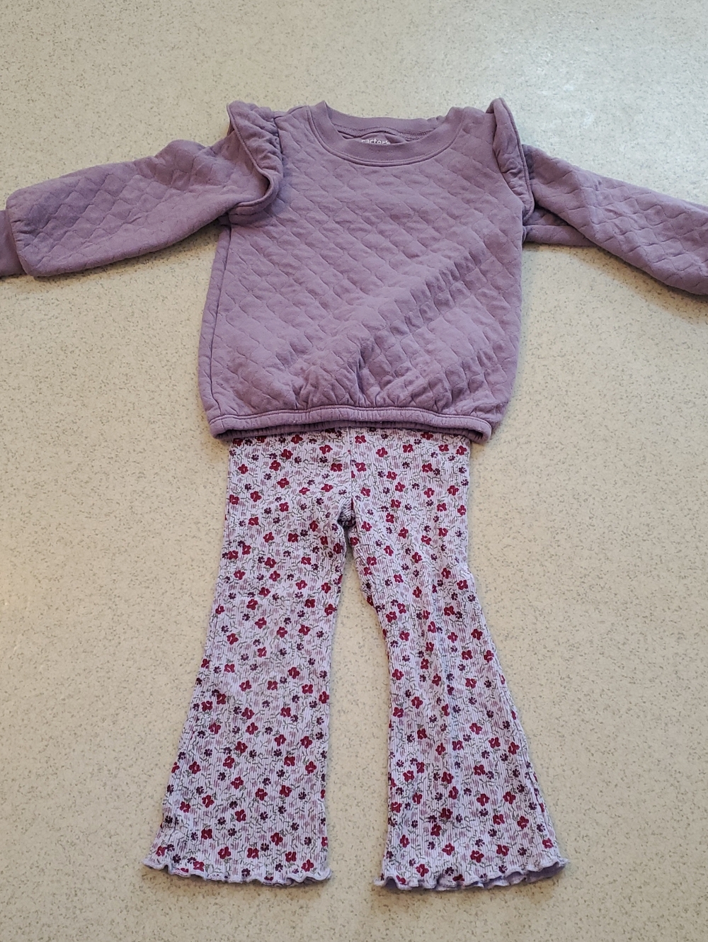 Quilted Lavender Ruffle Shoulder Sweatshirt and Floral Bell-Bottom Set